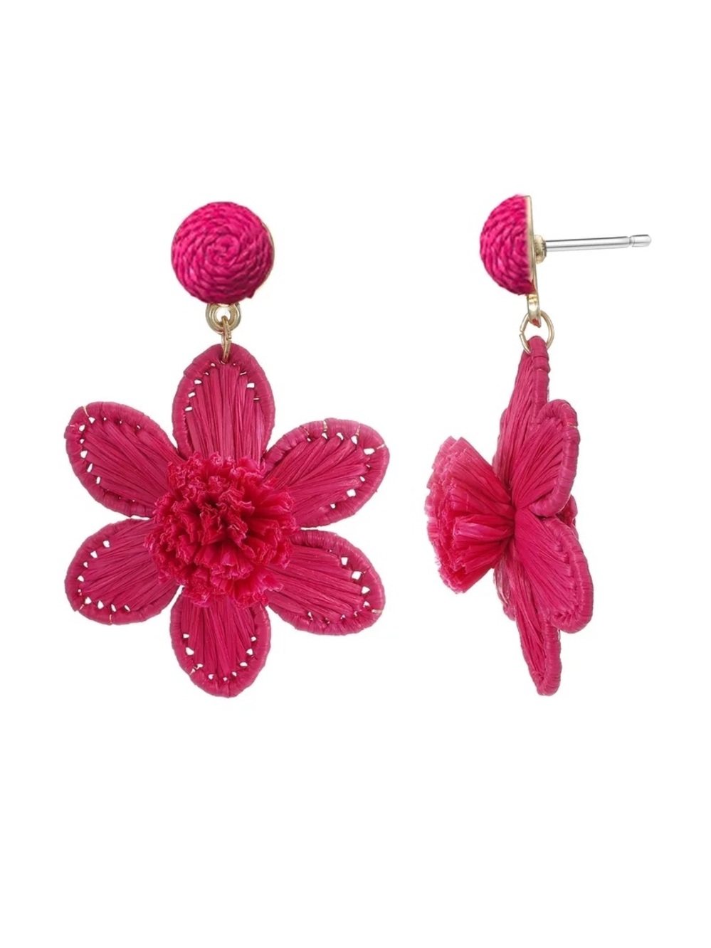 Time and Tru Women's Magenta Raffia Flower Earrings NWT